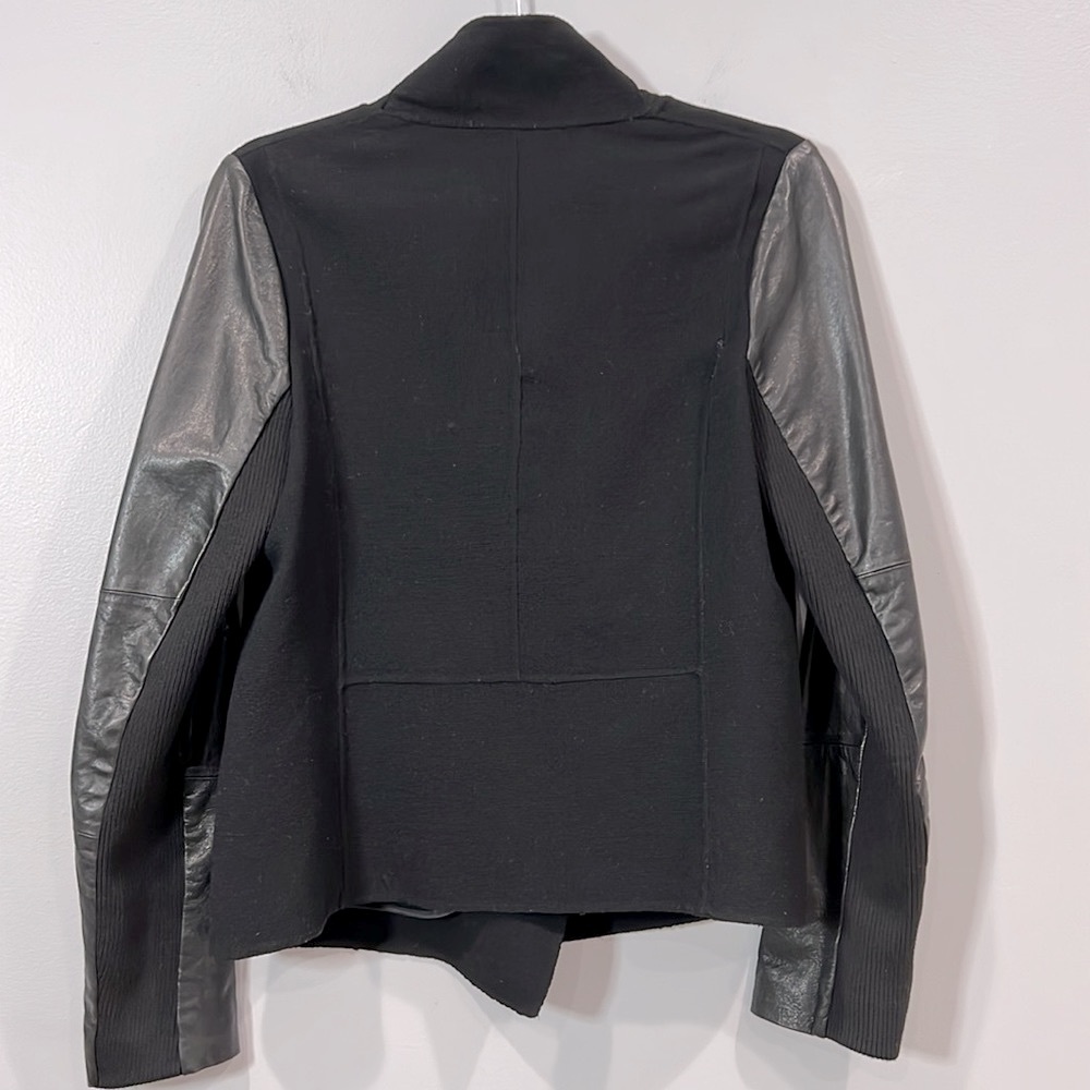 Vince Leather & Wool Mixed Media Black Motto Zip Jacket Knit Sweater Womens M 6 - Picture 4 of 16